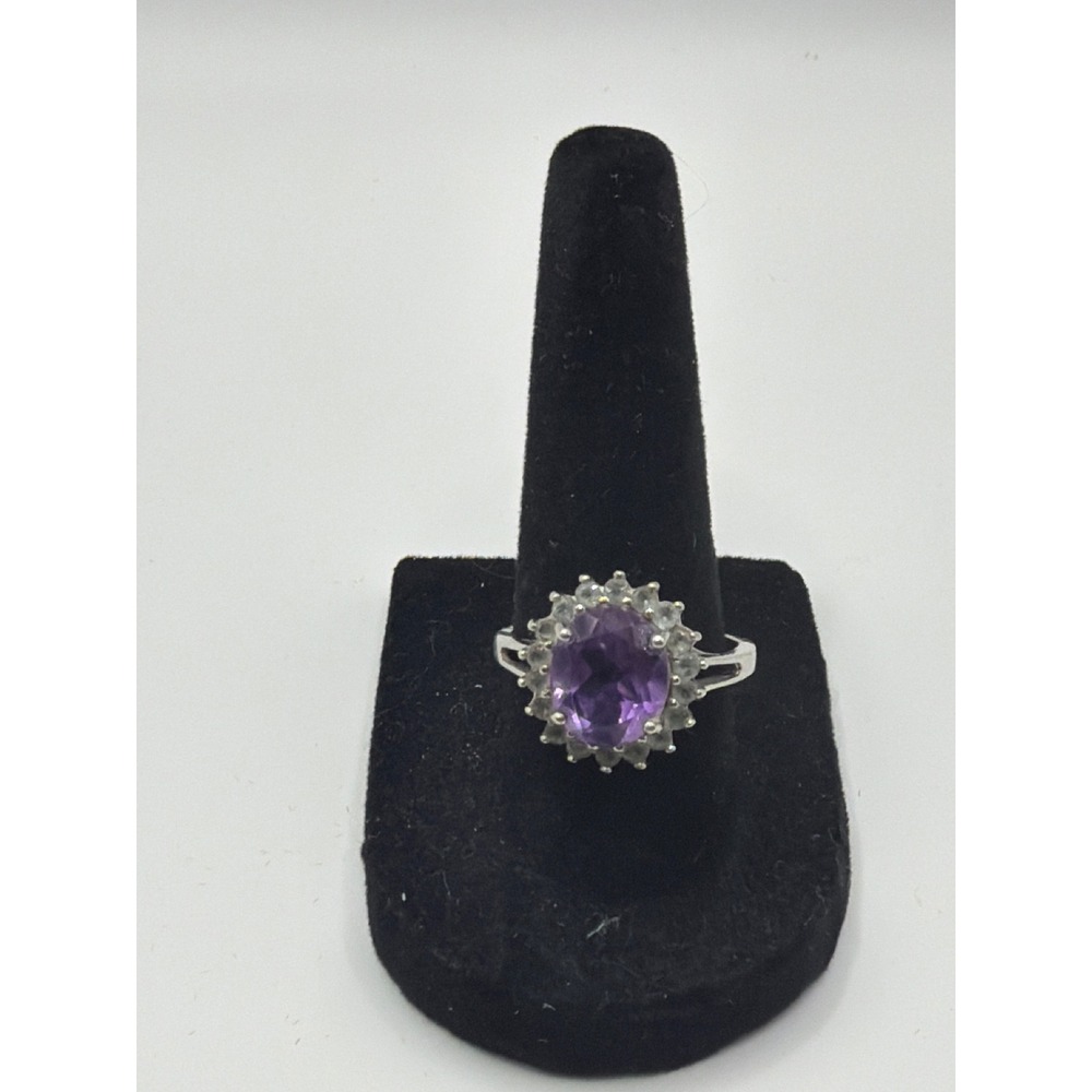 FAS 925 Sterling Silver Oval Amethyst Halo Cluster Ring Size 7.5